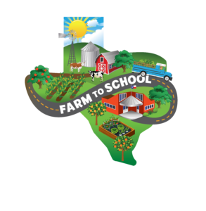 Farm to School cartoon image of Texas with a farm from squaremeals.org