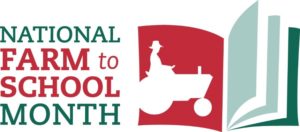National farm to school month logo. Features a person driving a tractor on a page of a book.